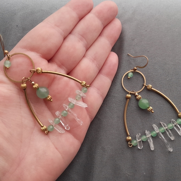 SOLD! XXL Aventurine and Quartz Crystals Chandelier Earrings - Picture 2 of 3